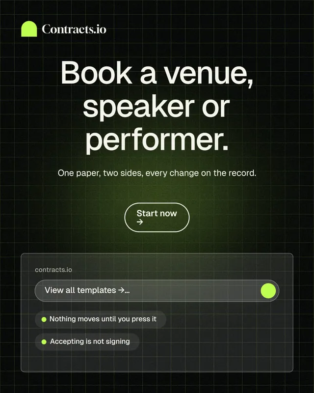 Instagram portrait post for contracts.io: "Book a venue, speaker or performer." Phosphor atlas style, centred layout, dark palette in black, grey.