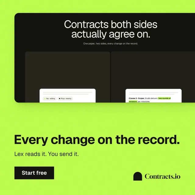Instagram post for contracts.io: "Every change on the record." Swiss style, bottom layout, light palette in green, black.