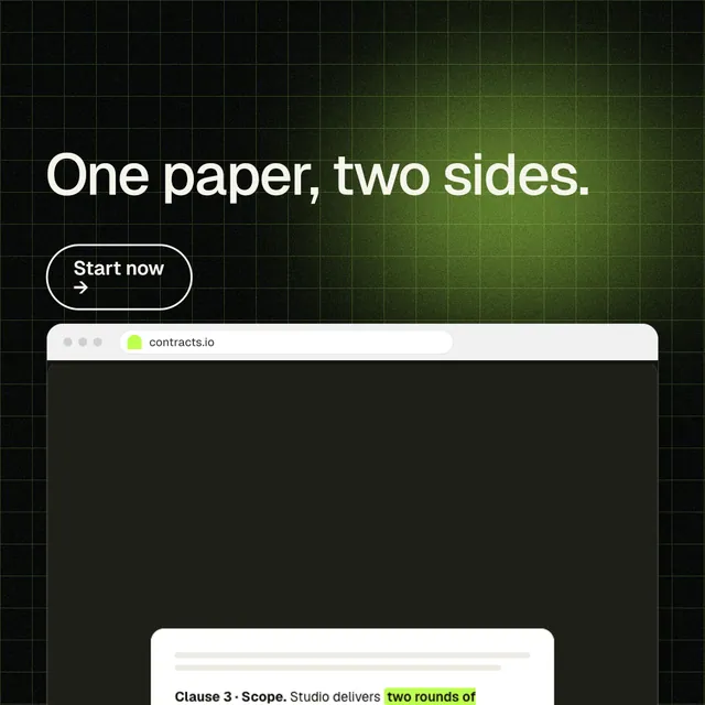Instagram post for contracts.io: "One paper, two sides." Phosphor atlas style, browser layout, dark palette in black, green, grey.