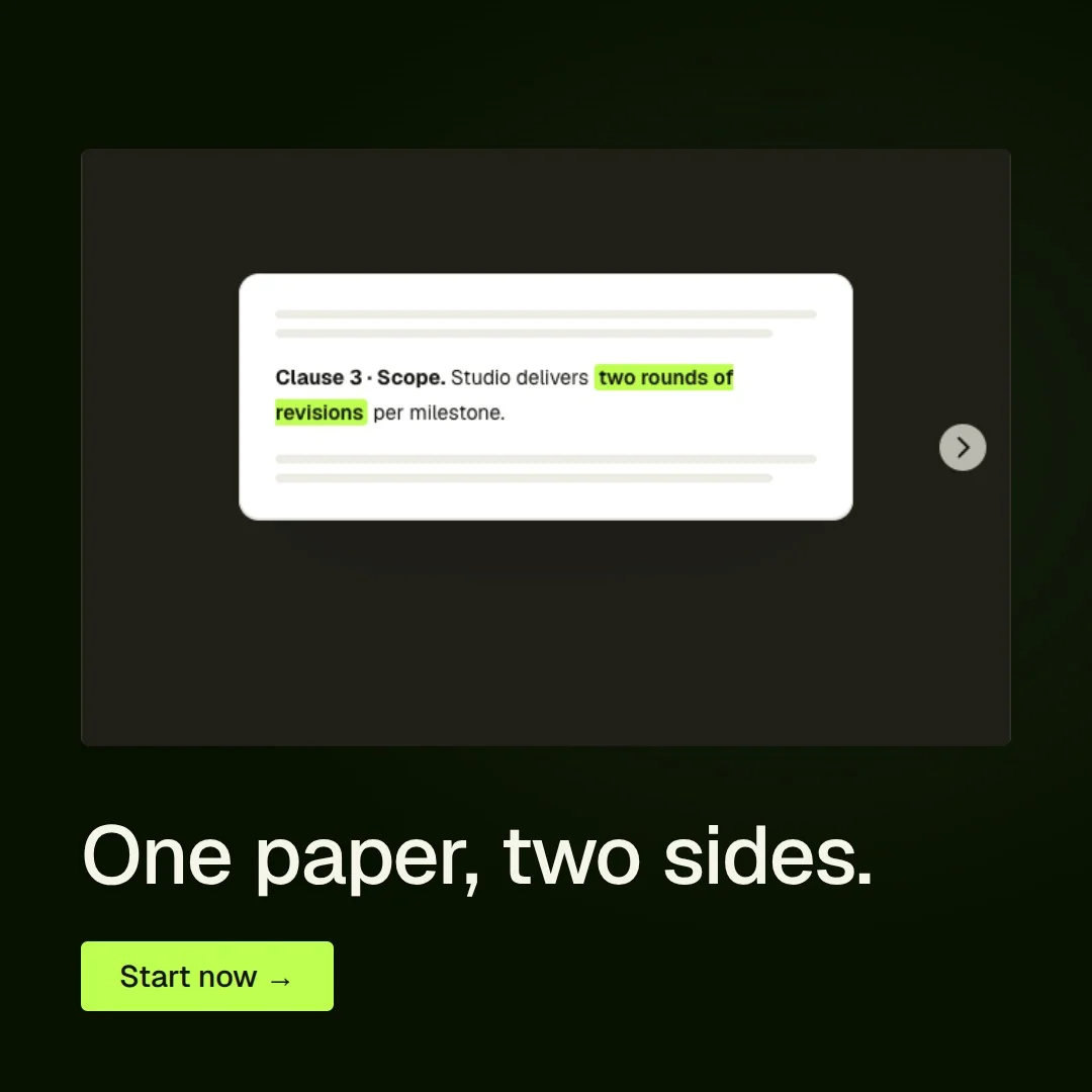 Video for contracts.io: "One paper, two sides.". Doc motion loop, 6.0 s, dark palette.
