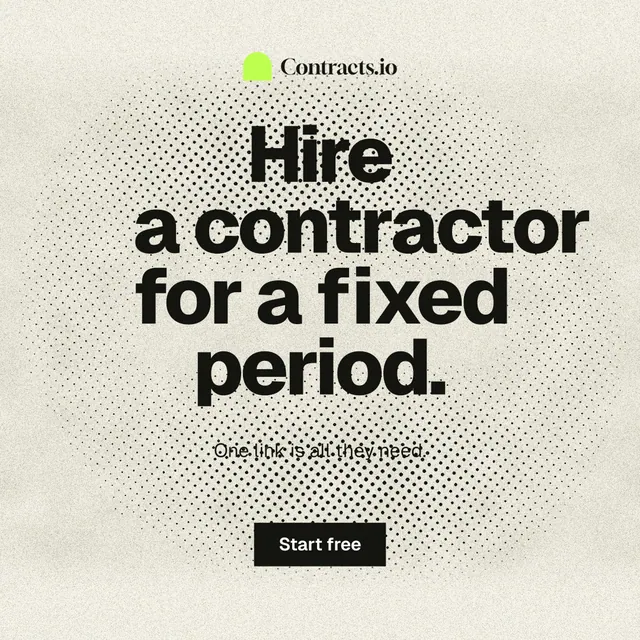Instagram post for contracts.io: "Hire a contractor for a fixed period." Ink sticker style, centred layout, light palette in white, yellow, grey.