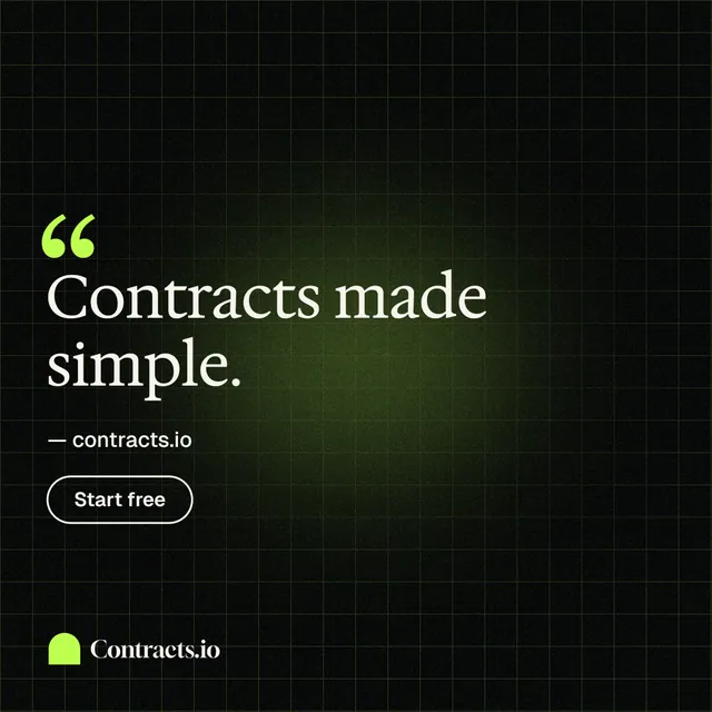 Instagram post for contracts.io: "Contracts made simple." Phosphor atlas style, quote layout, dark palette in black, green.