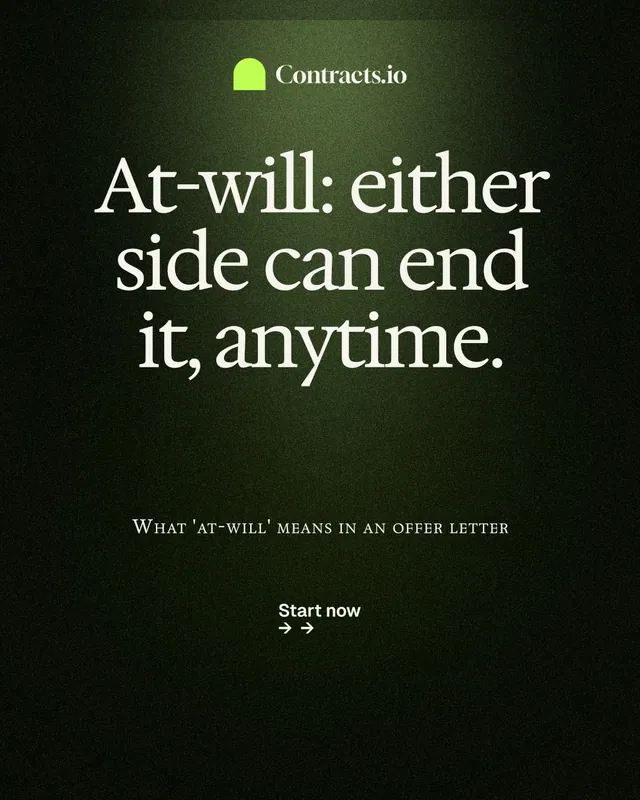 Instagram portrait post for contracts.io: "At-will: either side can end it, anytime." Dark deco style, smallcaps layout, dark palette in black, grey.