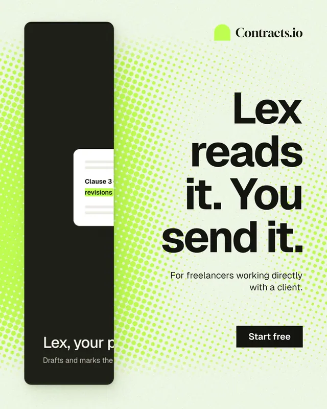 Instagram portrait post for contracts.io: "Lex reads it. You send it." Swiss style, right layout, light palette in green, black, white.