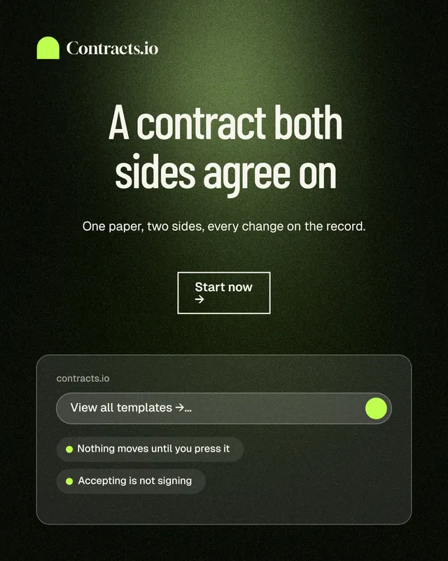 Instagram portrait post for contracts.io: "A contract both sides agree on". Dark deco style, centred layout, dark palette in black, green, grey.