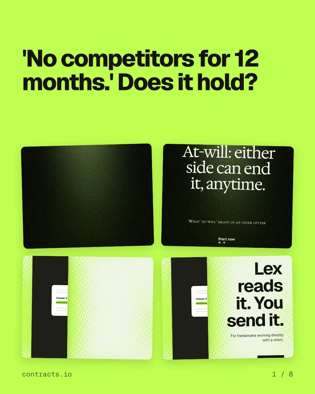 Carousel for contracts.io: "'No competitors for 12 months.' Does it hold?". Collection carousel, 8 slides, light palette.