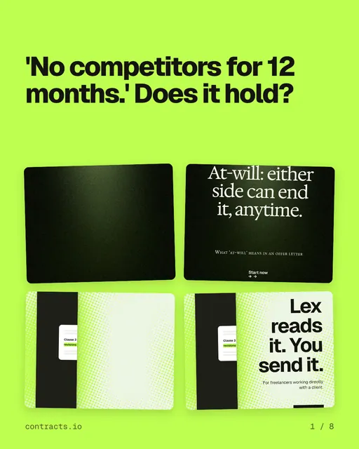 Carousel for contracts.io: "'No competitors for 12 months.' Does it hold?". Collection carousel, 8 slides, light palette.