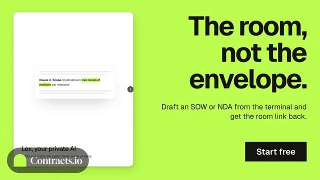 Landscape graphic for contracts.io: "The room, not the envelope." Swiss style, right layout, light palette in white, green.
