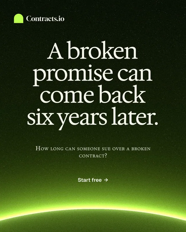 Instagram portrait post for contracts.io: "A broken promise can come back six years later." Swiss style, smallcaps layout, dark palette in green, black.
