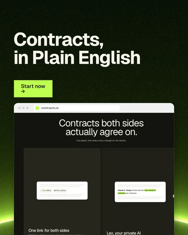 Instagram portrait post for contracts.io: "Contracts, in Plain English". Swiss style, browser layout, dark palette in black, grey.