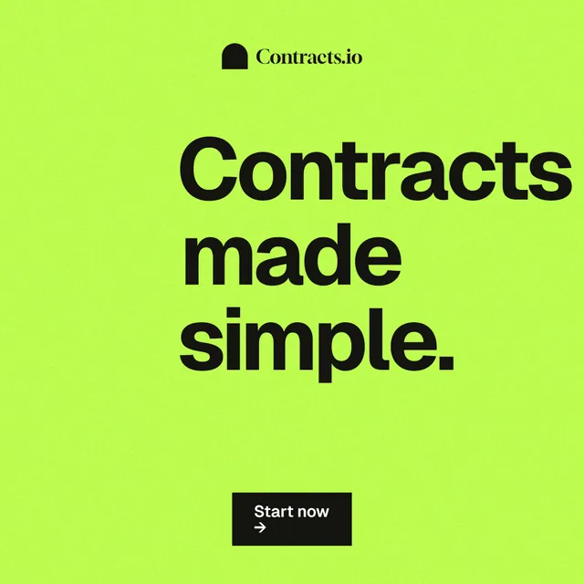 Instagram post for contracts.io: "Contracts made simple." Swiss style, centred layout, light palette in green.