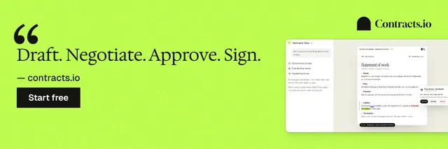 X header for contracts.io: "Draft. Negotiate. Approve. Sign." Swiss style, quote layout, light palette in green.