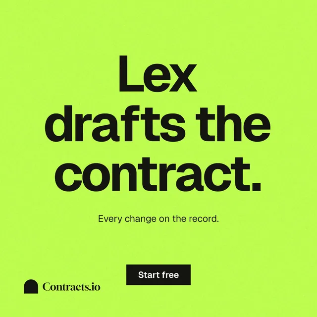 Instagram post for contracts.io: "Lex drafts the contract." Swiss style, centred layout, light palette in green.