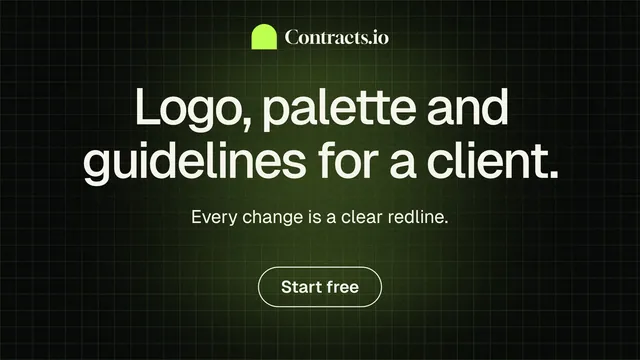 Landscape graphic for contracts.io: "Logo, palette and guidelines for a client." Phosphor atlas style, centred layout, dark palette in black, grey.