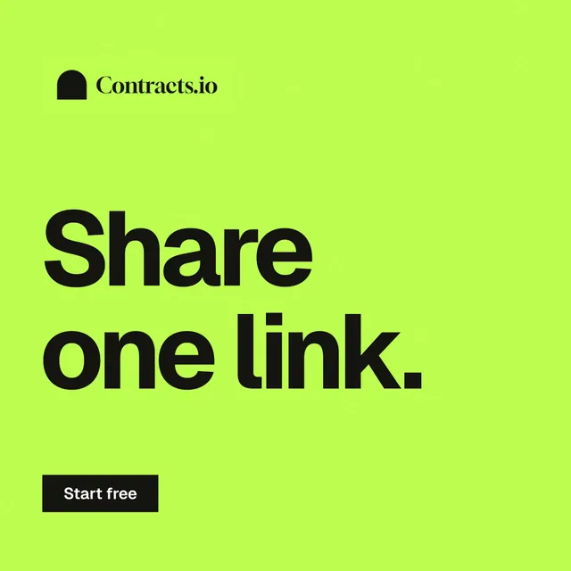 Instagram post for contracts.io: "Share one link." Swiss style, announce layout, light palette in green.