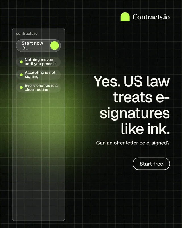 Instagram portrait post for contracts.io: "Yes. US law treats e-signatures like ink." Phosphor atlas style, right layout, dark palette in black, green.