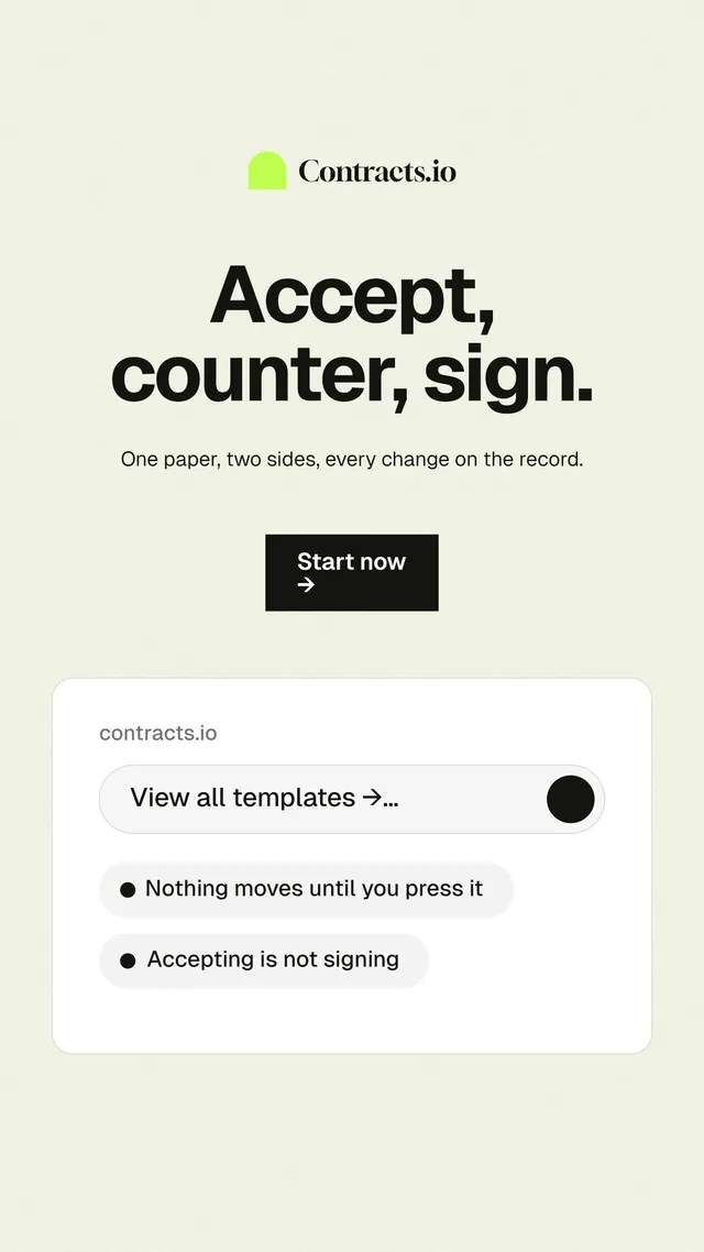 Instagram story for contracts.io: "Accept, counter, sign." Swiss style, centred layout, light palette in white, grey.