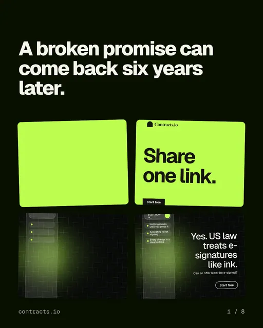 Carousel for contracts.io: "A broken promise can come back six years later.". Collection carousel, 8 slides, dark palette.
