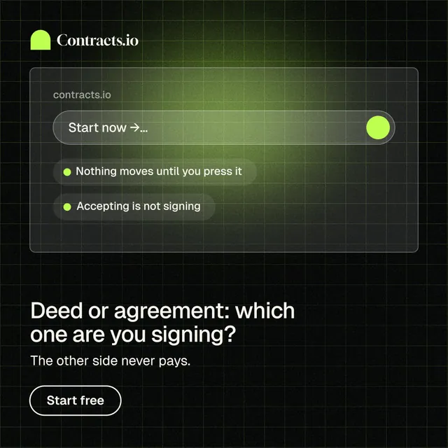 Instagram post for contracts.io: "Deed or agreement: which one are you signing?" Phosphor atlas style, bottom layout, dark palette in black, green.