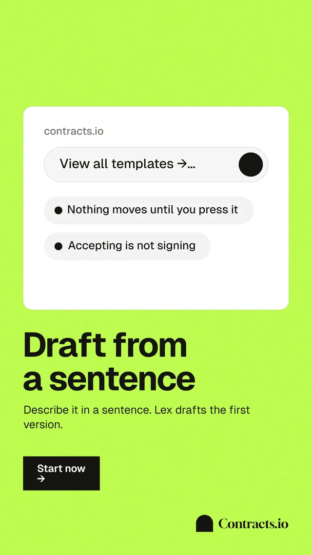 Instagram story for contracts.io: "Draft from a sentence". Swiss style, bottom layout, light palette in white, green.