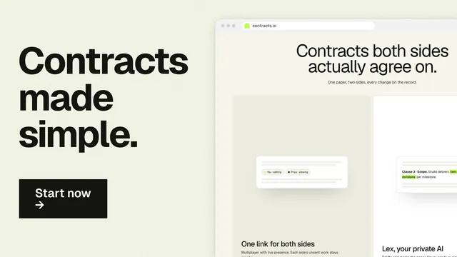 Landscape graphic for contracts.io: "Contracts made simple." Swiss style, browser layout, light palette in white, yellow, grey.