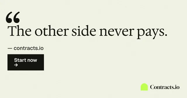 Social ad for contracts.io: "The other side never pays." Swiss style, quote layout, light palette in white, yellow, grey.