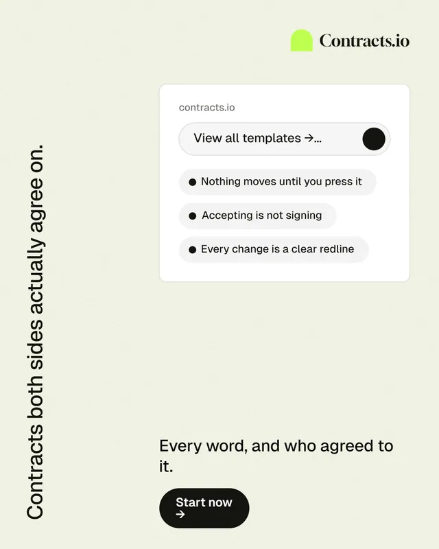 Instagram portrait post for contracts.io: "Contracts both sides actually agree on." Data card style, vertical layout, light palette in white.