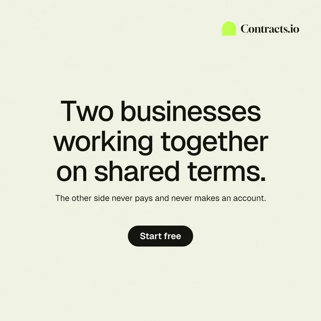 Instagram post for contracts.io: "Two businesses working together on shared terms." Data card style, centred layout, light palette in white, grey.