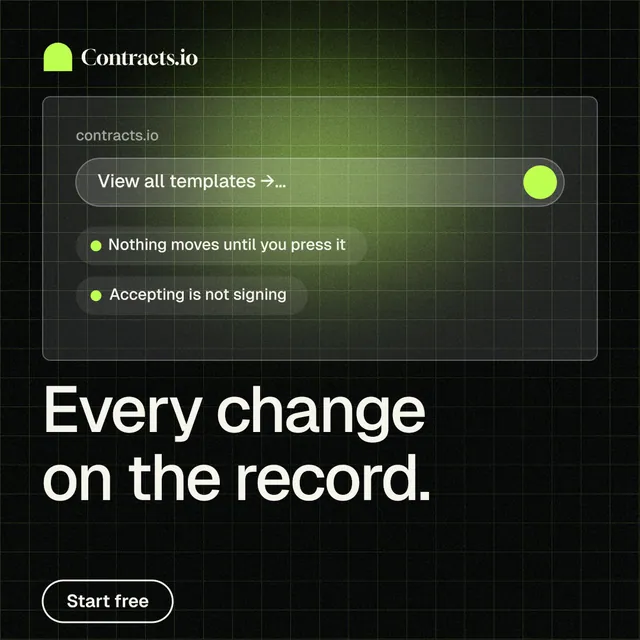 Instagram post for contracts.io: "Every change on the record." Phosphor atlas style, bottom layout, dark palette in black, grey.