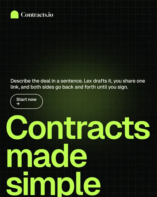 Instagram portrait post for contracts.io: "Contracts made simple." Phosphor atlas style, oversized layout, dark palette in black, green.
