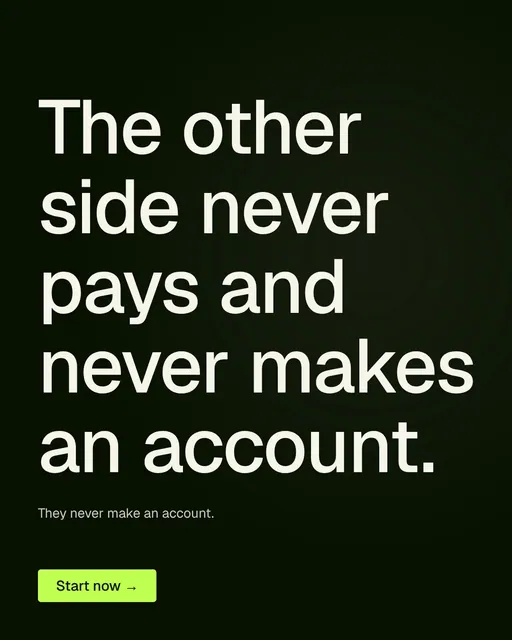 Video for contracts.io: "The other side never pays and never makes an account.". Kinetic type grid, 8.0 s, dark palette.