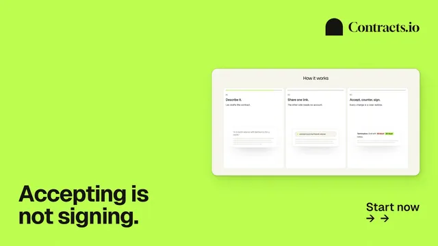 Landscape graphic for contracts.io: "Accepting is not signing." Swiss style, image led layout, light palette in green, white.