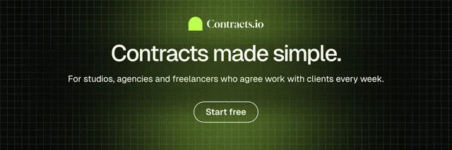 X header for contracts.io: "Contracts made simple." Phosphor atlas style, centred layout, dark palette in green, black.