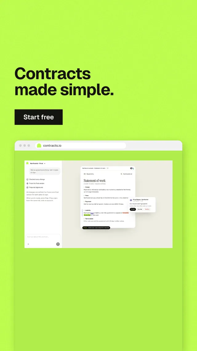 Instagram story for contracts.io: "Contracts made simple." Swiss style, browser layout, light palette in green.