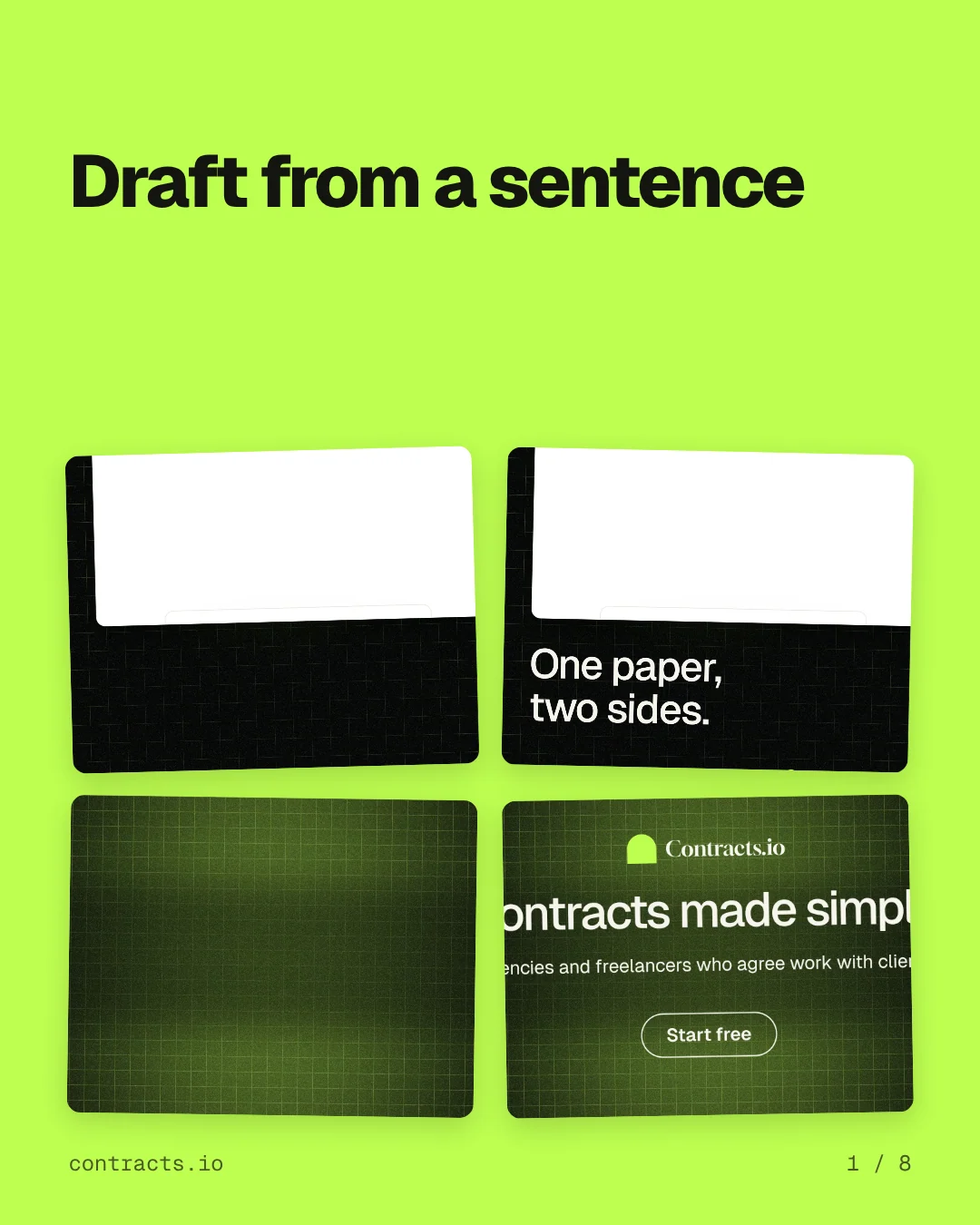 Carousel for contracts.io: "Draft from a sentence". Collection carousel, 8 slides, light palette.