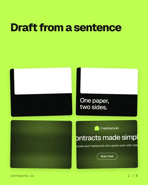 Carousel for contracts.io: "Draft from a sentence". Collection carousel, 8 slides, light palette.