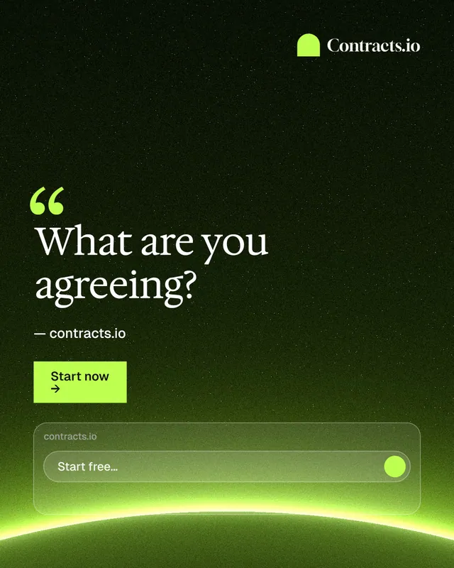 Instagram portrait post for contracts.io: "What are you agreeing?" Swiss style, quote layout, dark palette in black, green.