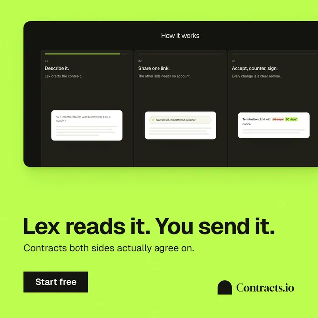 Instagram post for contracts.io: "Lex reads it. You send it." Swiss style, bottom layout, light palette in green, black.