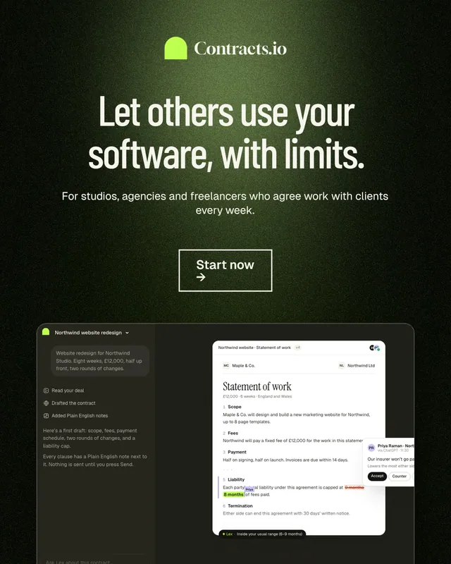 Instagram portrait post for contracts.io: "Let others use your software, with limits." Dark deco style, centred layout, dark palette in black, green, grey.