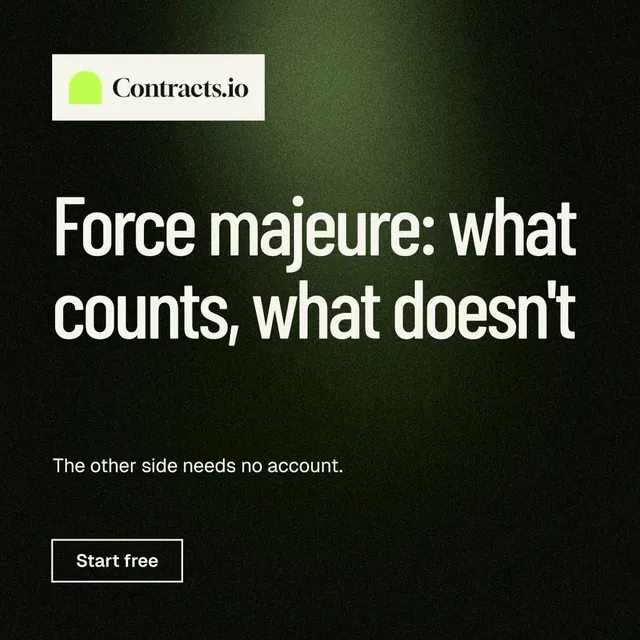 Instagram post for contracts.io: "Force majeure: what counts, what doesn't". Dark deco style, announce layout, dark palette in black, grey.