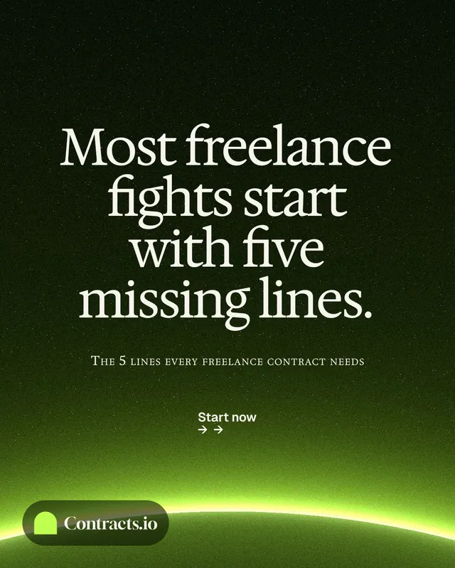 Instagram portrait post for contracts.io: "Most freelance fights start with five missing lines." Swiss style, smallcaps layout, dark palette in green, black.