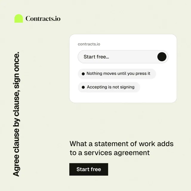 Instagram post for contracts.io: "Agree clause by clause, sign once." Swiss style, vertical layout, light palette in white.
