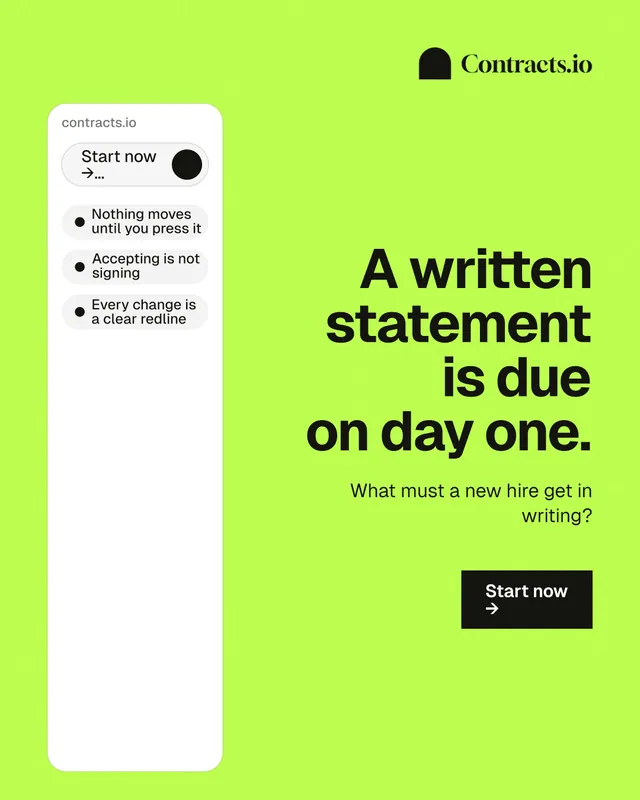 Instagram portrait post for contracts.io: "A written statement is due on day one." Swiss style, right layout, light palette in green, white.