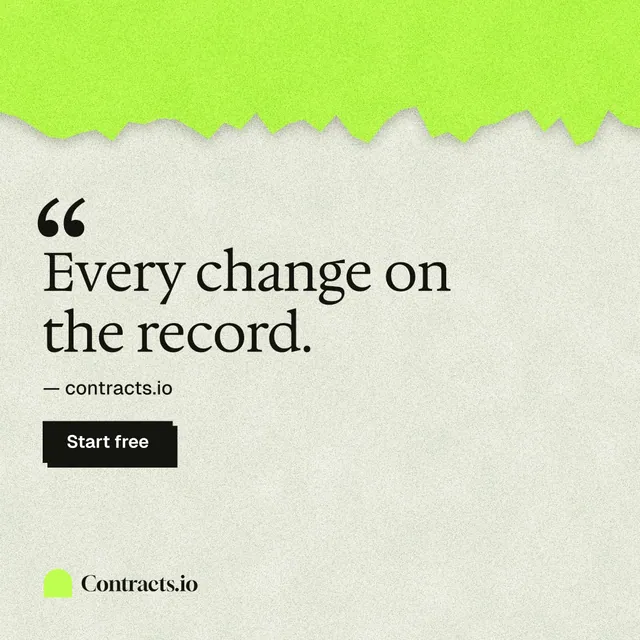 Instagram post for contracts.io: "Every change on the record." Paper trio style, quote layout, light palette in green, grey.