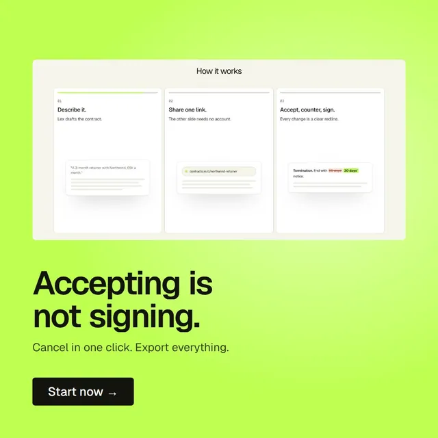 Video for contracts.io: "Accepting is not signing.". Doc motion loop, 8.0 s, light palette.
