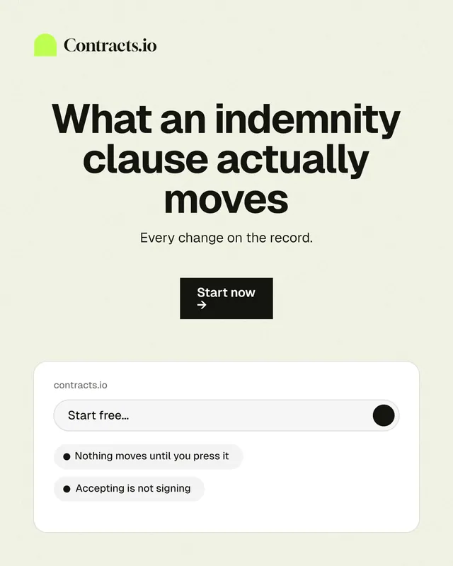 Instagram portrait post for contracts.io: "What an indemnity clause actually moves". Swiss style, centred layout, light palette in white, grey.
