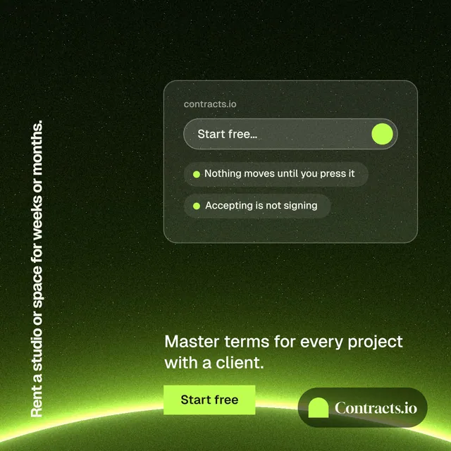 Instagram post for contracts.io: "Rent a studio or space for weeks or months." Swiss style, vertical layout, dark palette in green, black.