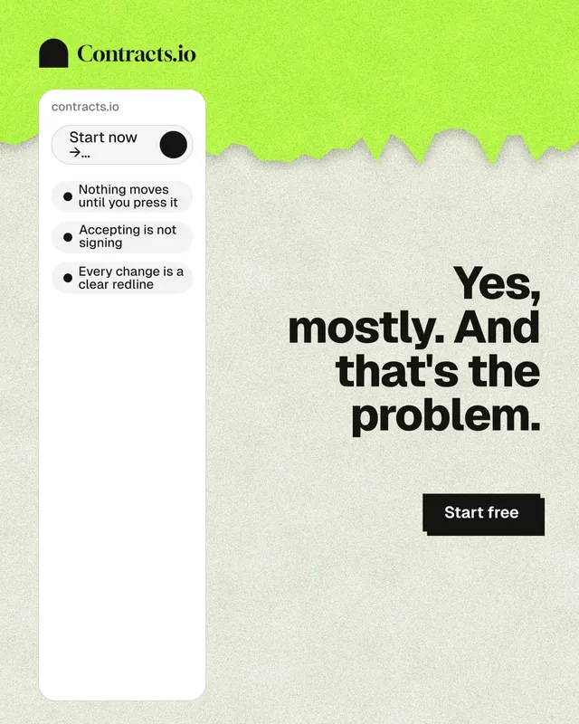 Instagram portrait post for contracts.io: "Yes, mostly. And that's the problem." Paper trio style, right layout, light palette in green, white, grey.