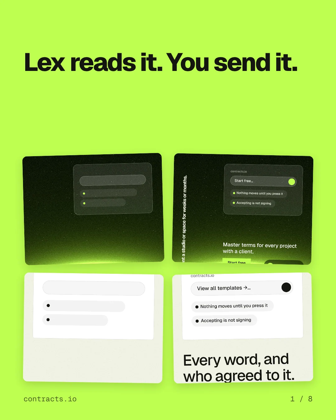 Carousel for contracts.io: "Lex reads it. You send it.". Collection carousel, 8 slides, light palette.