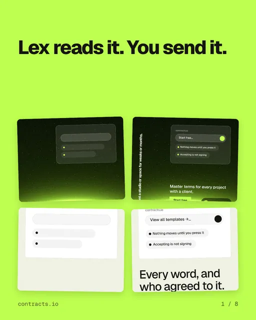 Carousel for contracts.io: "Lex reads it. You send it.". Collection carousel, 8 slides, light palette.
